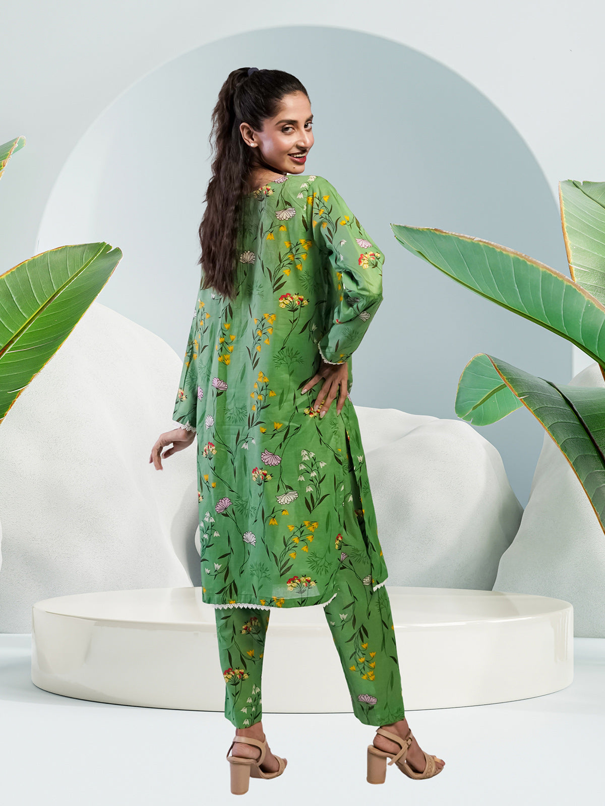 Ahlam Soft Cambric Stitched-Pastel Green Co-ord Set Collection'2024