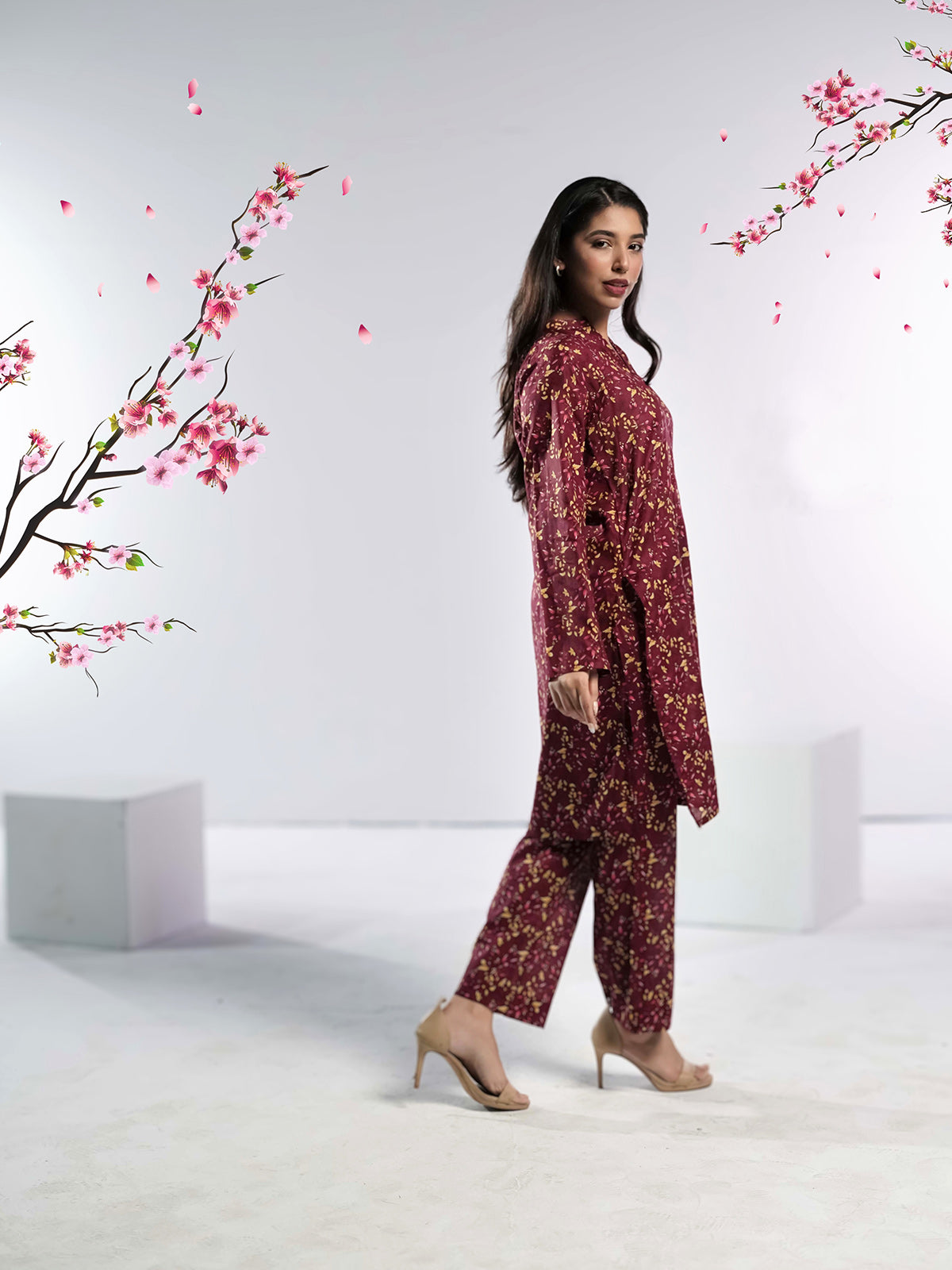 Ahlam Soft Cambric Stitched-Burgundy Co-Ord set Collection'2024