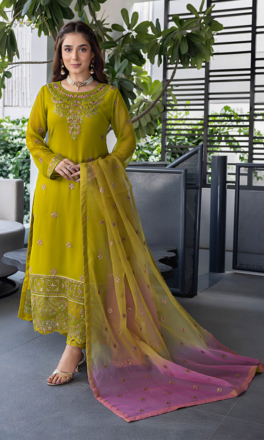 Shamooz Stitched 3 Piece Formals Suits-Mustard Green SEM-0739