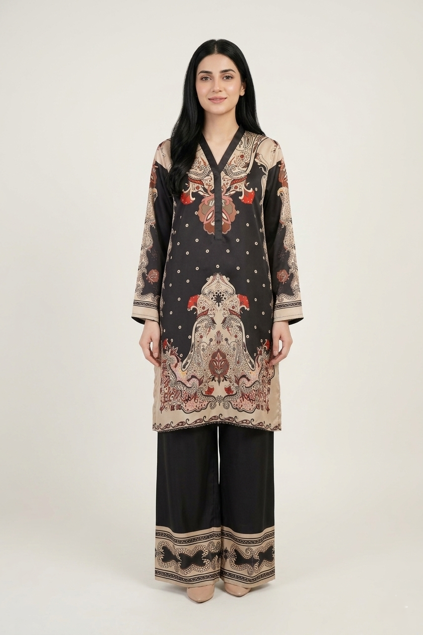 Woman wearing a patterned outfit with a plain background