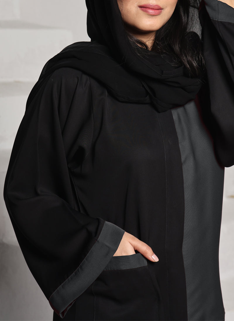 Hijab Ul Hareem Nida Front Open Abaya Black and Grey 0118-R-A701