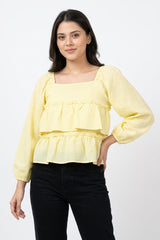 Amna Ali Nawaz Stitched Blouse-Ruffle Hem-Butter Yellow