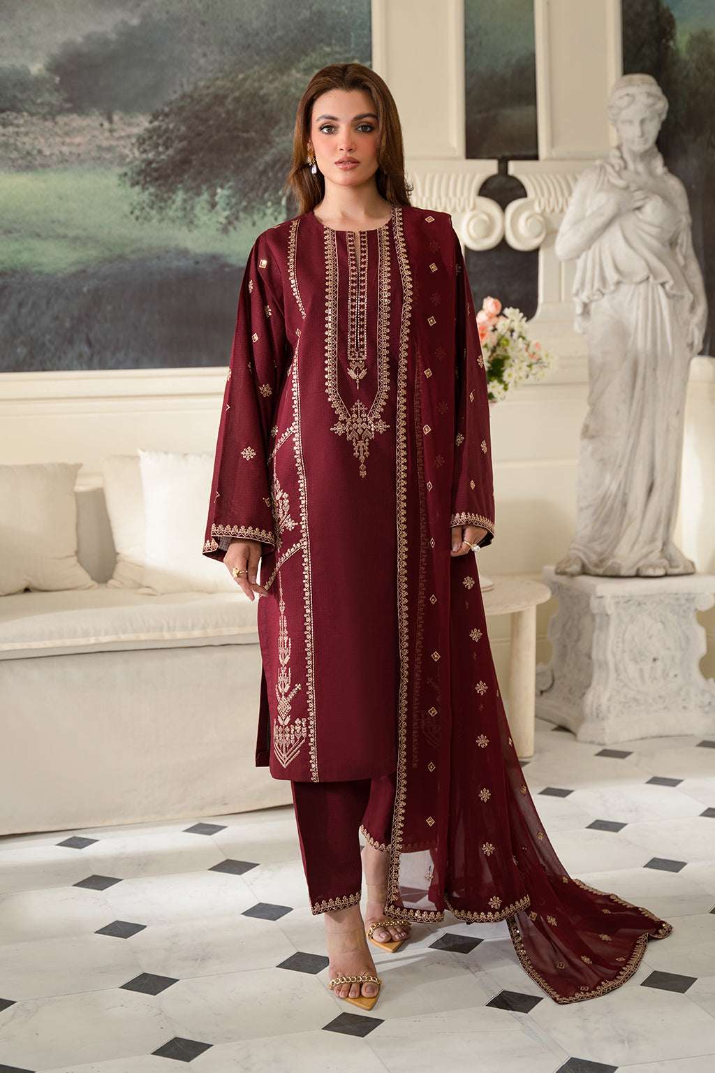 Fresco Edit By Sheenora Stitched 3 Piece Lawn Collection'2025-Burgundy Bliss