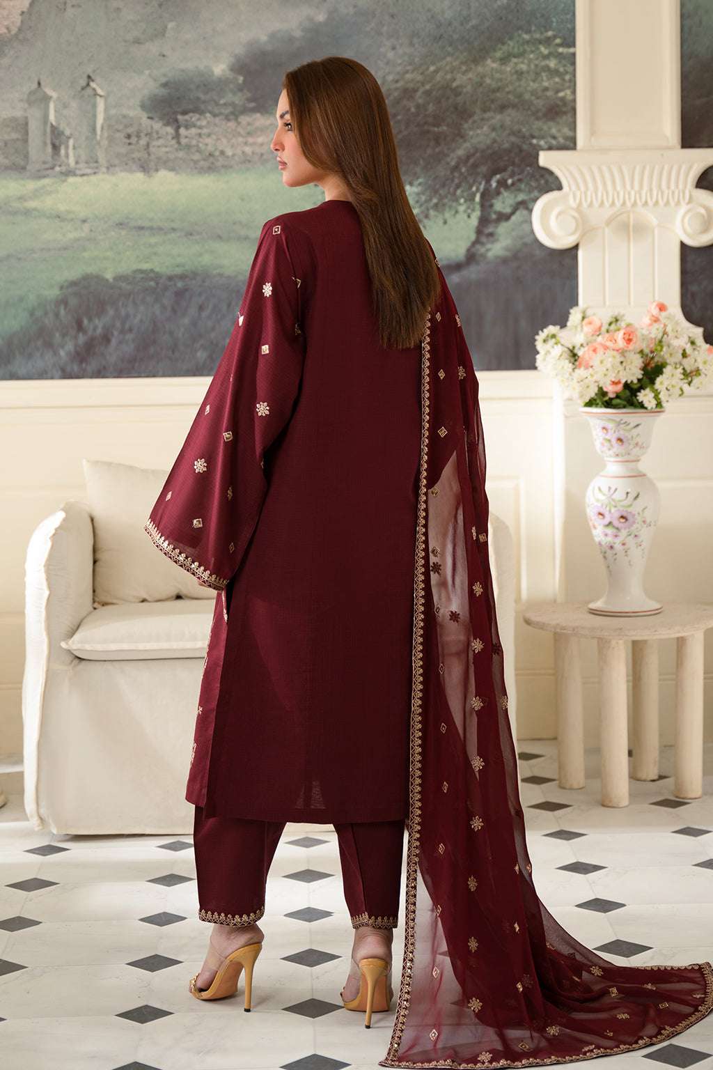 Fresco Edit By Sheenora Stitched 3 Piece Lawn Collection'2025-Burgundy Bliss