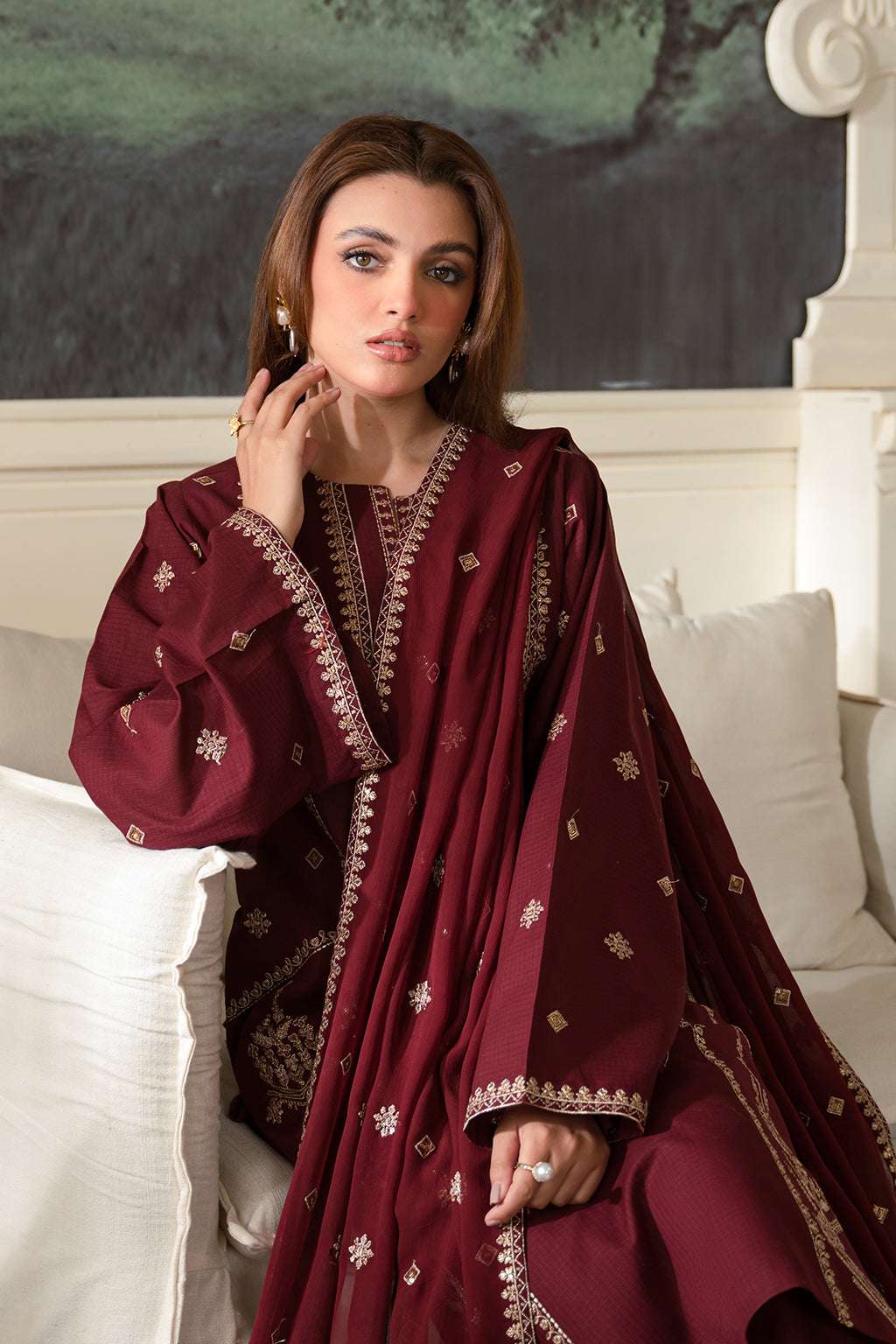 Fresco Edit By Sheenora Stitched 3 Piece Lawn Collection'2025-Burgundy Bliss