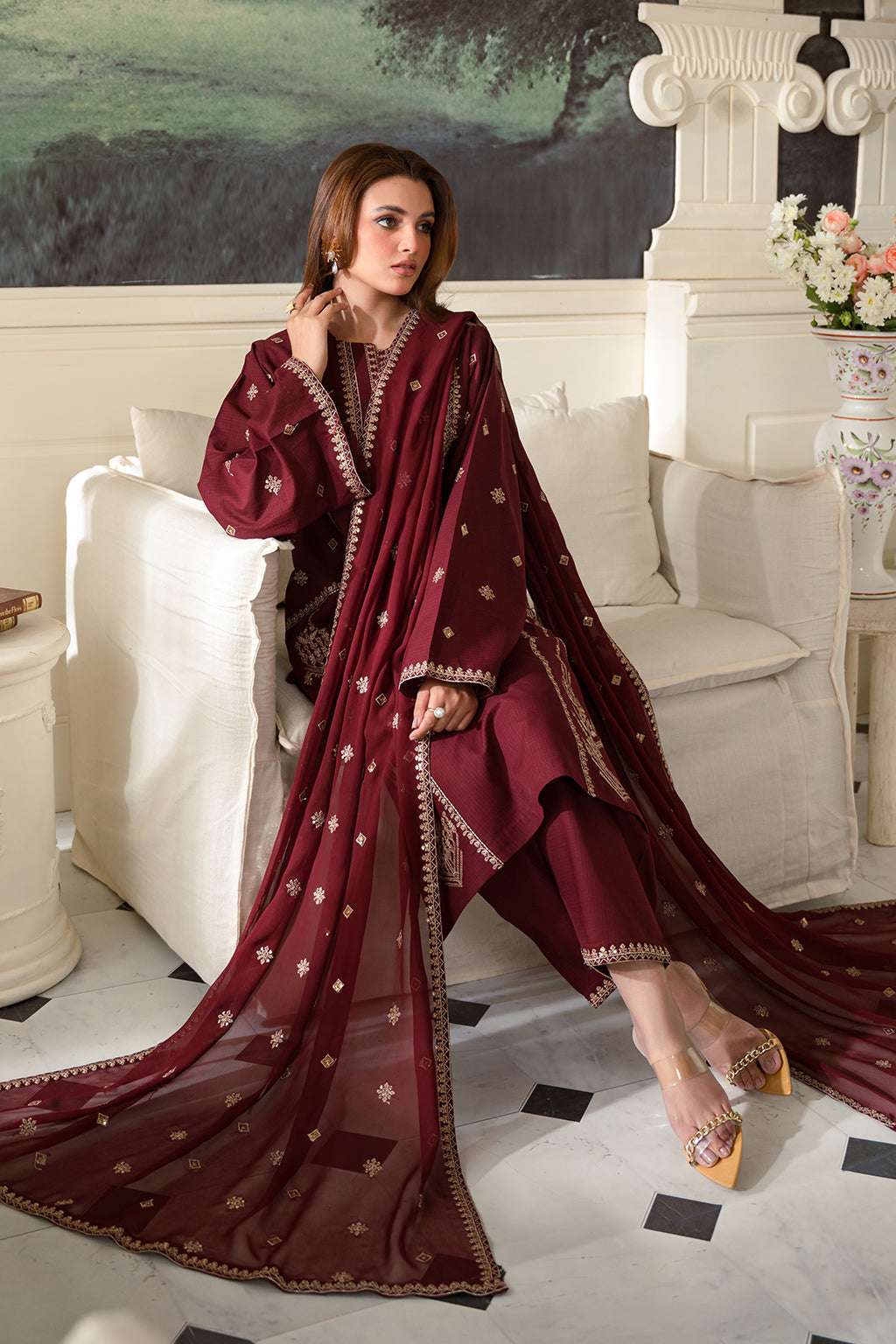 Fresco Edit By Sheenora Stitched 3 Piece Lawn Collection'2025-Burgundy Bliss