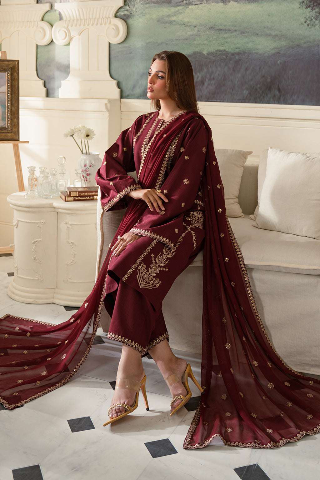 Fresco Edit By Sheenora Stitched 3 Piece Lawn Collection'2025-Burgundy Bliss