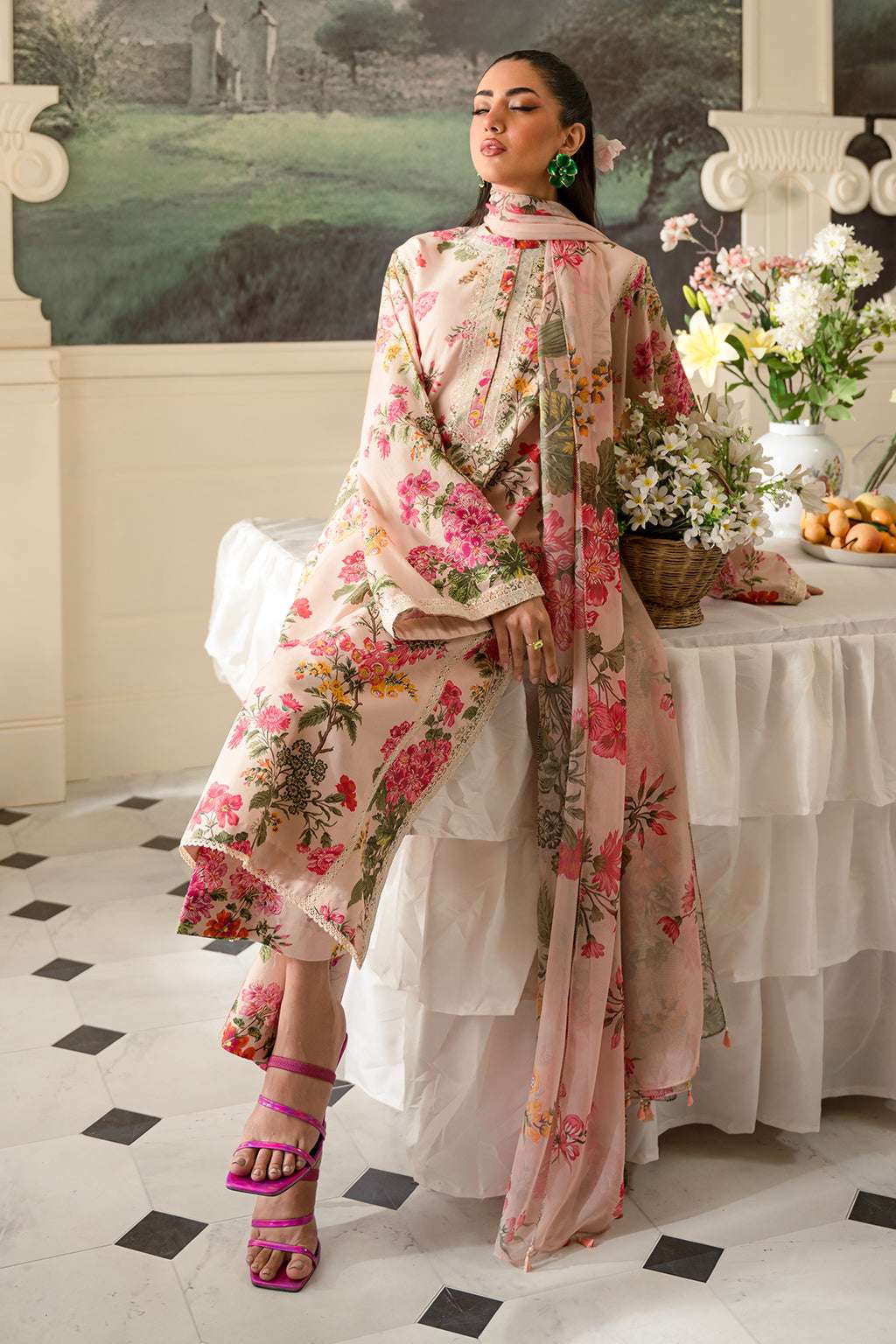 Fresco Edit By Sheenora Stitched 3 Piece Lawn Collection'2025-Musk Pink