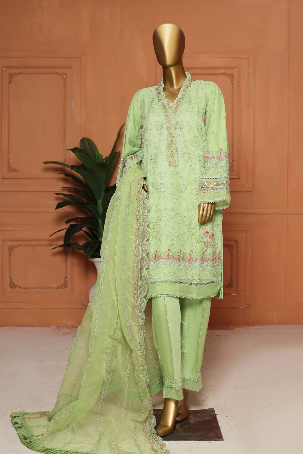 Bin Saeed Stitched 3 Piece Embroidered Organza Collection'2023-AMC-4007-P,Green