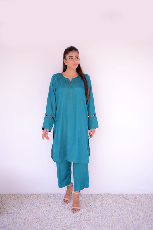 Tehzeeb Threads Solids Collection-Elegant Teal Co-Ord Set | Stitched - 2 Piece | Shirt & Trouser