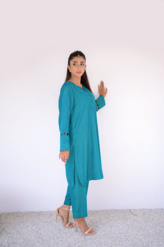 Tehzeeb Threads Solids Collection-Elegant Teal Co-Ord Set | Stitched - 2 Piece | Shirt & Trouser