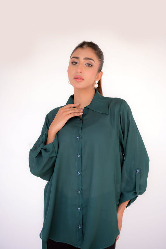 Tehzeeb Threads Western Elegant Green Button-Down Shirt | Stitched - 1 Piece | Shirt