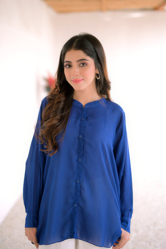 Tehzeeb Threads Western Stylish Blue Button-Down Shirt | Stitched - 1 Piece | Shirt