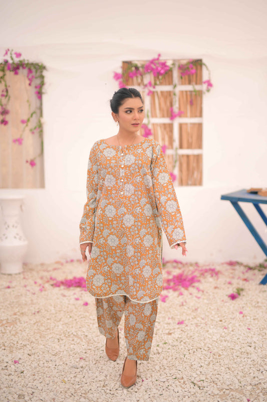 Noor E Gul By Tehzeeb Threads Floral Collection-Soft Cotton Cambric Stitched 2 Piece (Shirt/Trouser)-TF-14