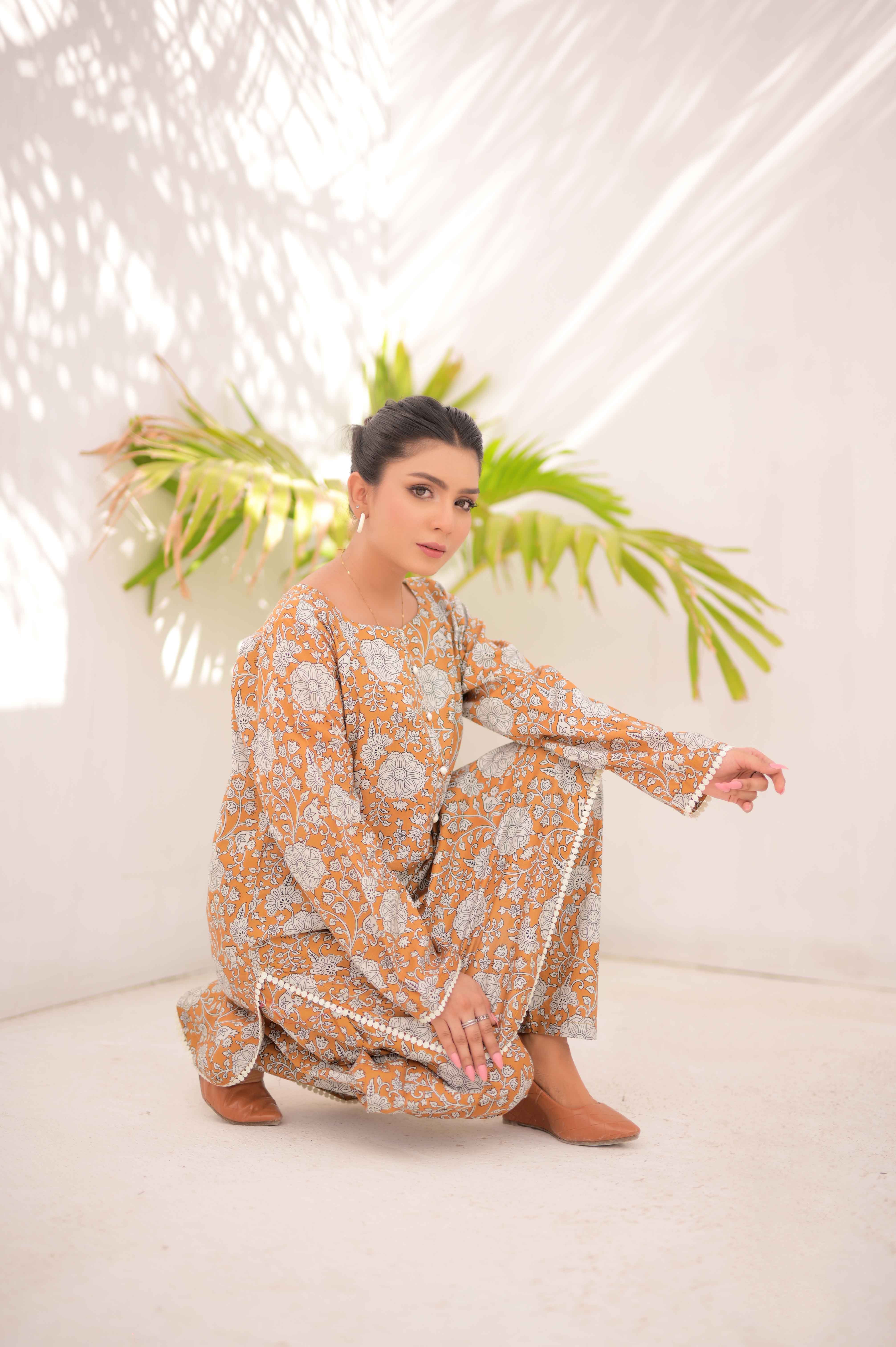 Noor E Gul By Tehzeeb Threads Floral Collection-Soft Cotton Cambric Stitched 2 Piece (Shirt/Trouser)-TF-14