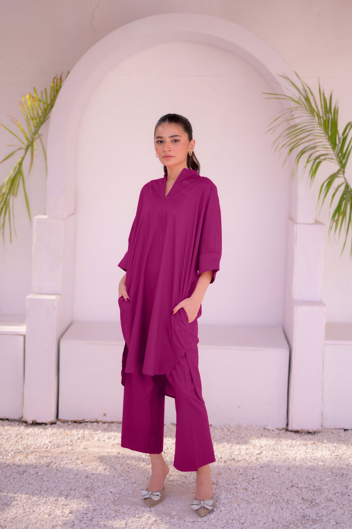 Tehzeeb Threads Solids Collection-Plum Boxy Solid Set | Stitched - 2 piece | Shirt & Trouser