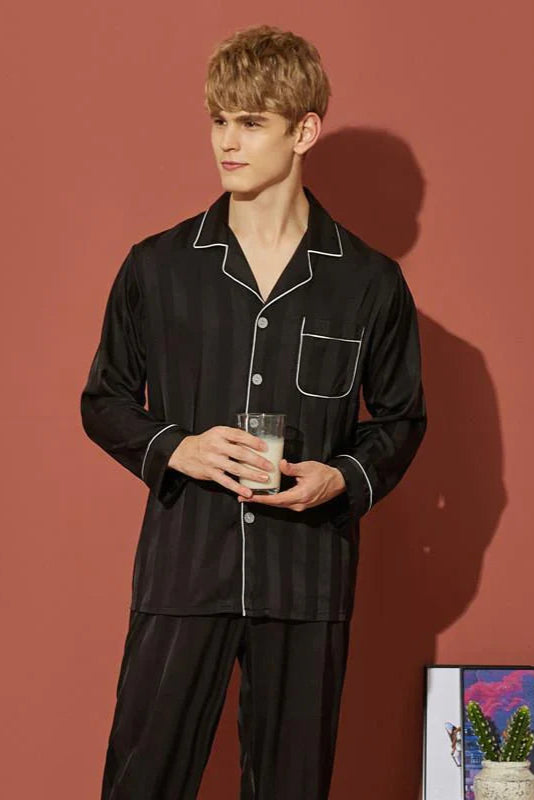 Studio By Arj She's Inn Vogue Contrast Pipping Satin Silk Couple Pajama Sets  ARJ-COUP-02-BLK