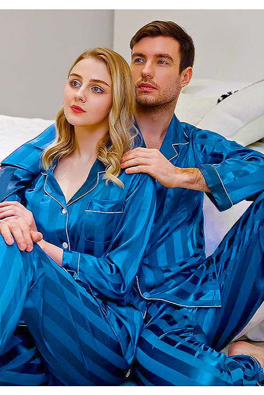 Studio By Arj She's Inn Premium Picks Contrast Pipping Satin Silk Couple Pajama Sets  ARJ-COUP-02-TEAL