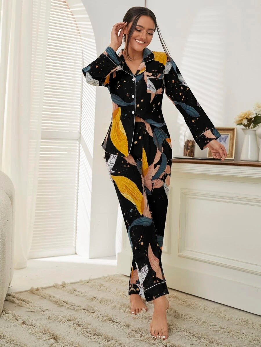 Studio By Arj She's Inn Timeless Trends Bird & Plant Print Pocket Front PJ Set ARJ-PJ-PLANT