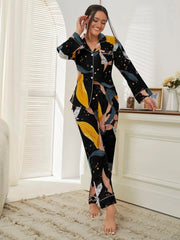 Studio By Arj She's Inn Timeless Trends Bird & Plant Print Pocket Front PJ Set ARJ-PJ-PLANT