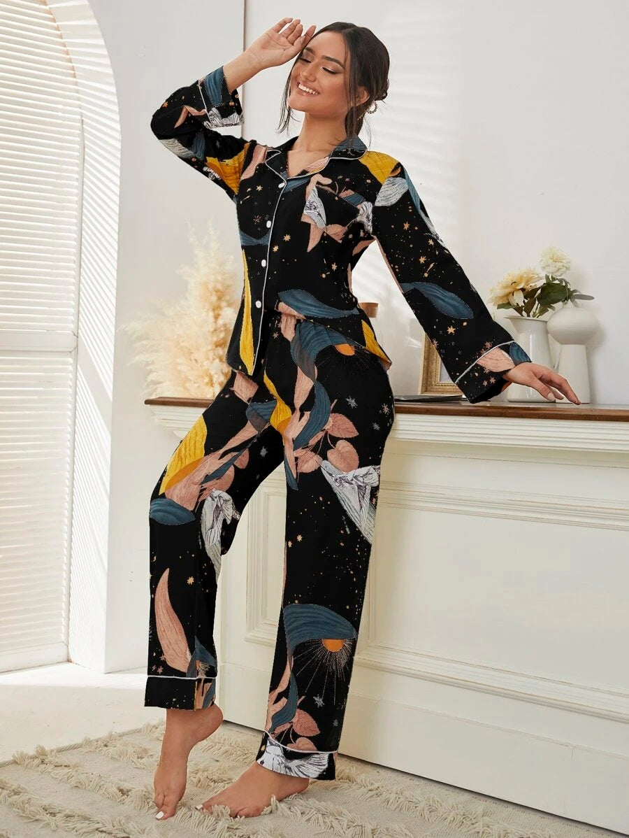 Studio By Arj She's Inn Timeless Trends Bird & Plant Print Pocket Front PJ Set ARJ-PJ-PLANT