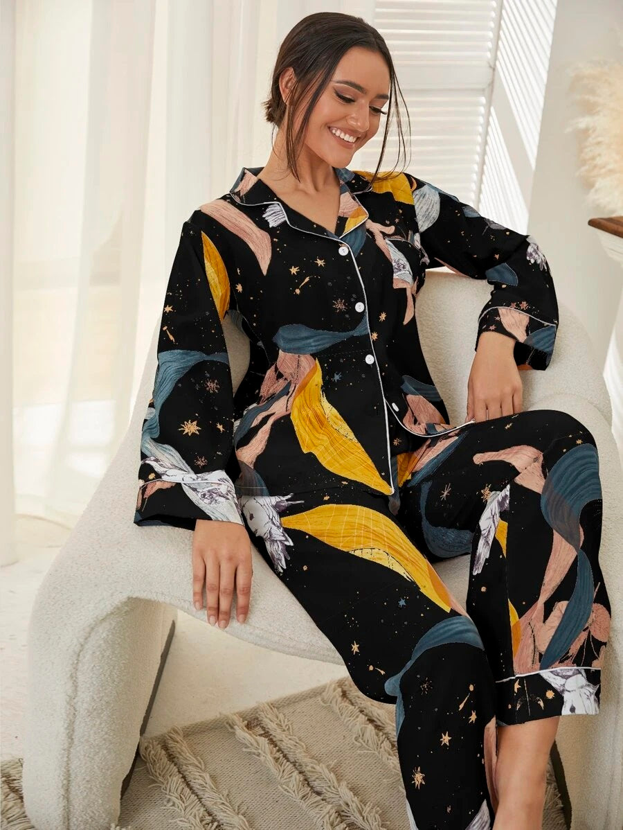 Studio By Arj She's Inn Timeless Trends Bird & Plant Print Pocket Front PJ Set ARJ-PJ-PLANT