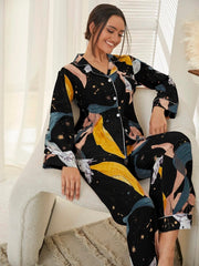 Studio By Arj She's Inn Timeless Trends Bird & Plant Print Pocket Front PJ Set ARJ-PJ-PLANT