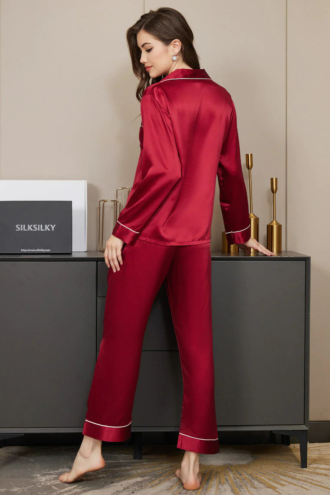 Studio By Arj Bella de Fashion Style Haven Contrast Pipping Satin Silk Burgandy Pajama Set  ARJ-PJ27-BDG