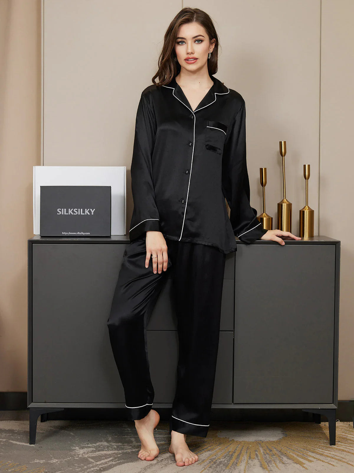 Studio By Arj Bella de Fashion Trendy Touches Contrast Pipping Satin Silk Black Pajama Set  ARJ-PJ27-BLK