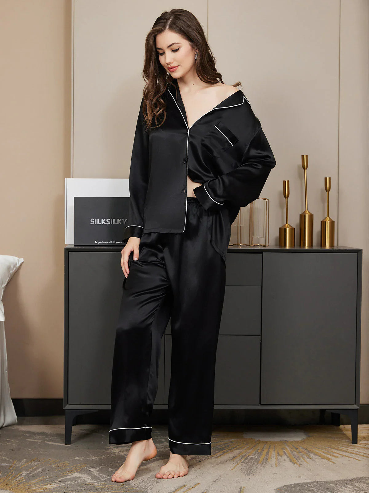 Studio By Arj Bella de Fashion Trendy Touches Contrast Pipping Satin Silk Black Pajama Set  ARJ-PJ27-BLK