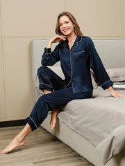 Studio By Arj Bella de Fashion Luxe Living Contrast Pipping Satin Silk Navy Pajama Set  ARJ-PJ27-NVY