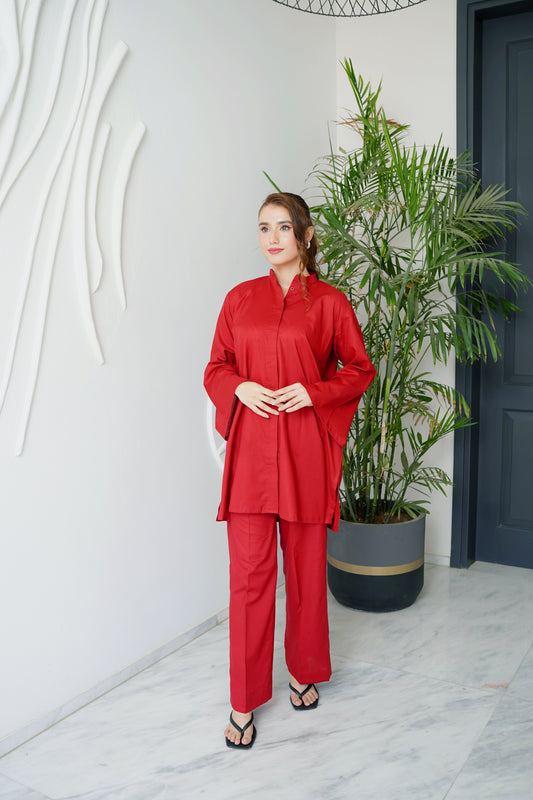 Amal Stitched Co Ords Basics Collection-Crimson