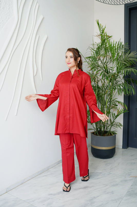 Amal Stitched Co Ords Basics Collection-Crimson