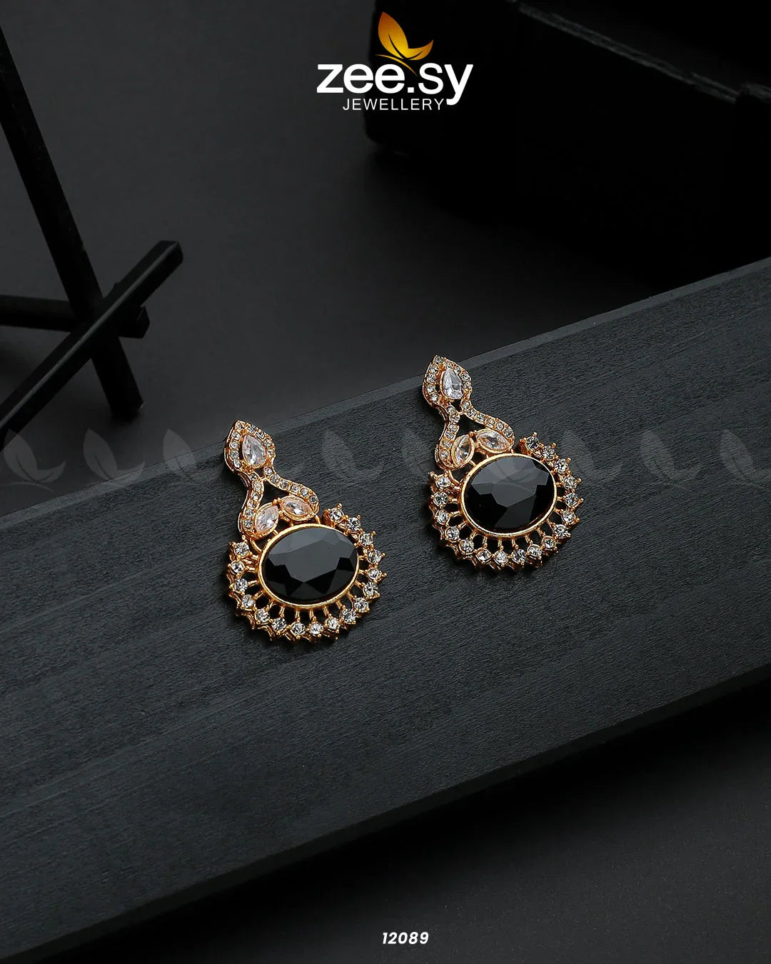 Golden Aaina-e-Dil Earrings Black - Zeesy Jewellery