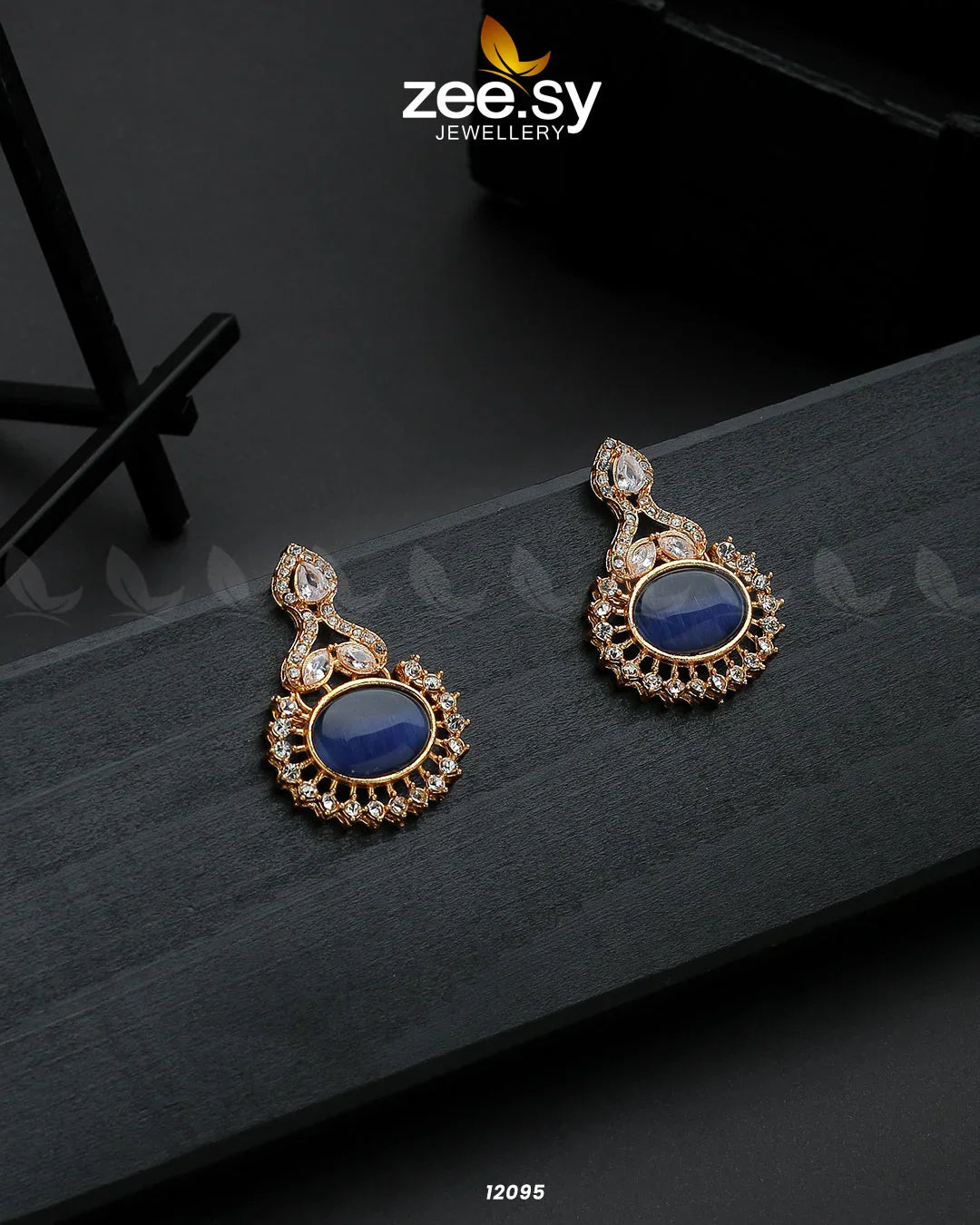 Golden Aaina-e-Dil Earrings Blue - Zeesy Jewellery