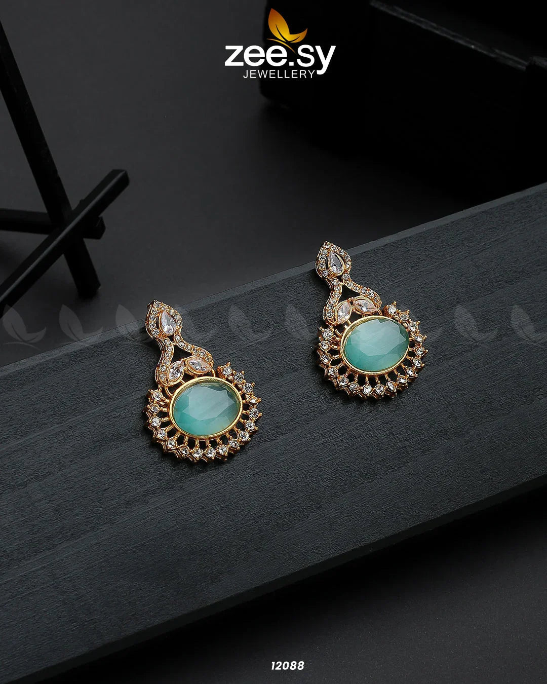 Golden Aaina-e-Dil Earrings Mint Green - Zeesy Jewellery