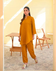 Zauk Stitched 2 Piece Collection-Mustard Two Piece Dress