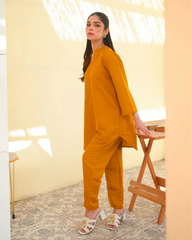 Zauk Stitched 2 Piece Collection-Mustard Two Piece Dress