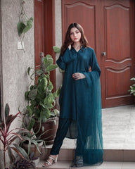 Zauk Stitched 2 Piece Collection-Teal Blue Three Piece Dress
