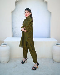 Zauk Stitched 2 Piece Collection-Moss Green Two Piece Dress