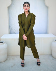 Zauk Stitched 2 Piece Collection-Moss Green Two Piece Dress