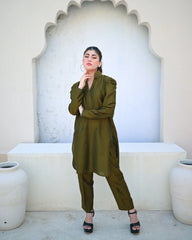 Zauk Stitched 2 Piece Collection-Moss Green Two Piece Dress