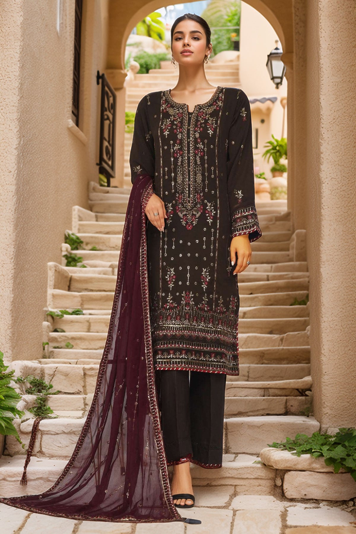 Afsany By Sada Bahar Stitched 3 Piece Luxury Formals Chiffon Vol-10 Collection'2024-CF-02-Mehndi