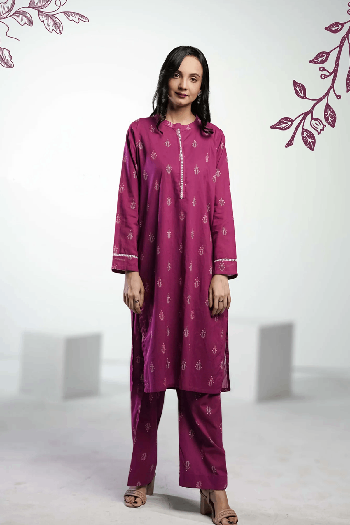 Ahlam Soft Cambric Stitched-Plum Elegence Co-ord set Collection'2024