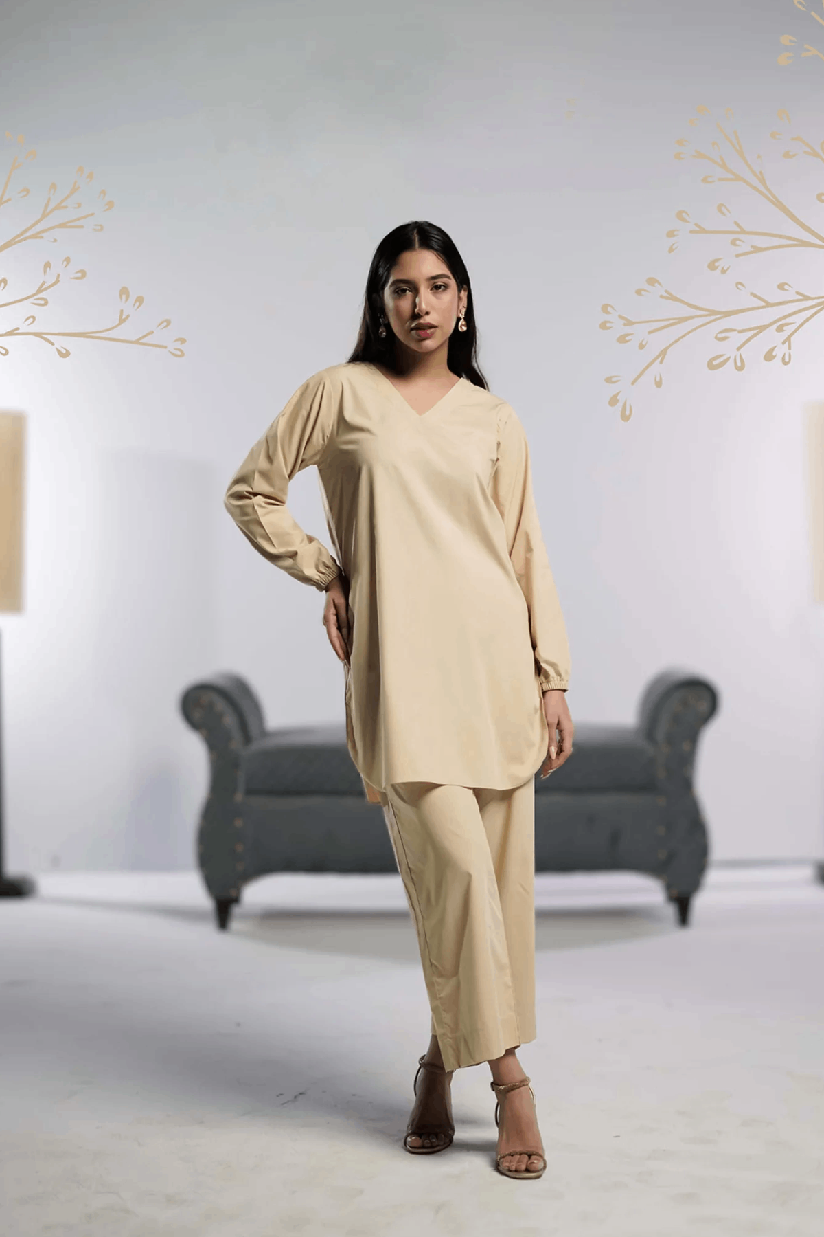 Ahlam Stitched - 2 piece Shirt & Trouser Beige Bliss Collection'2024