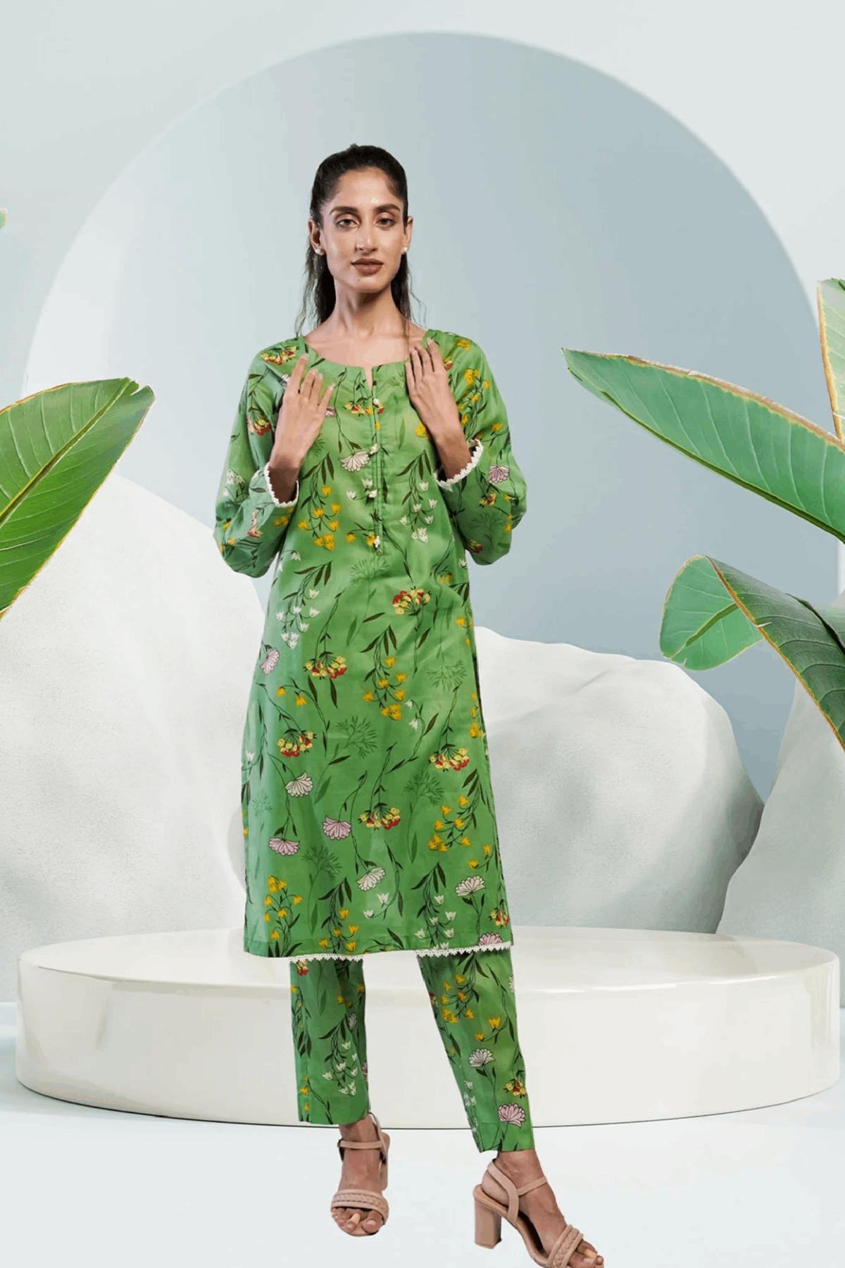 Ahlam Soft Cambric Stitched-Pastel Green Co-ord Set Collection'2024