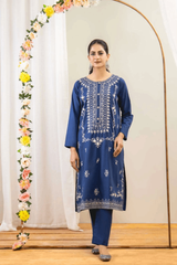 Ahlam 2 Piece Embroidery Shirt With Plain Trouser (Blue) Collection