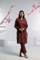 Ahlam Soft Cambric Stitched-Burgundy Co-Ord set Collection'2024