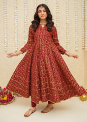 Modest Stitched 3 Piece Printed Rawsilk Frock Suit-10970-Maroon