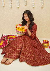 Modest Stitched 3 Piece Printed Rawsilk Frock Suit-10970-Maroon